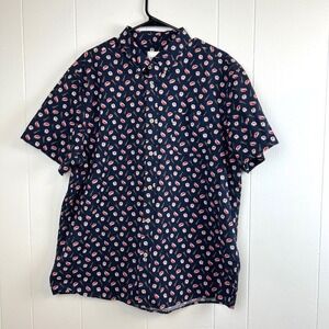 ROWM Mens XL Sushi Print Button Down Shirt Navy Blue Short Sleeve Cotton Novelty